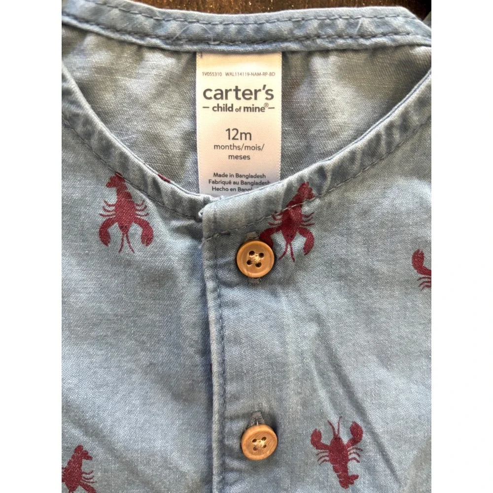 Carters Child of Mine Blue Lobster Chambray Romper 12M New With Tags